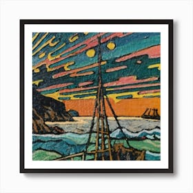 Oil painting of a boat in a body of water, woodcut, inspired by Gustav Baumann 3 Art Print