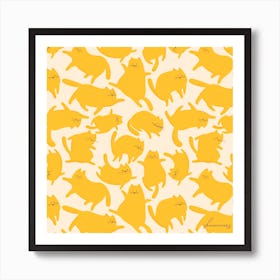 Cats Yellow Pattern Square Art Print