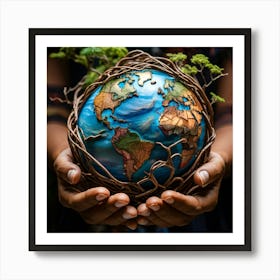 A Hand Of Earthy Brown Weaves Cradling A Detailed Miniature Globe Veins And Tendons Popping Against (4) Art Print