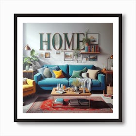 Cozy and Colorful: A Realistic and Detailed Painting of a Living Room Interior with a Blue Sofa, a Yellow Armchair, a Green Coffee Table, and a Red Rug Art Print