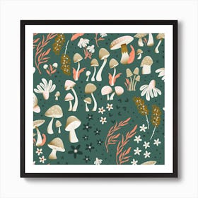 Mushrooms And Florals Pattern On Green Square Art Print