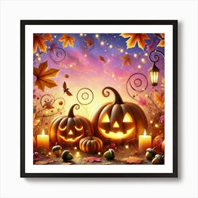 Whimsical Halloween pumpkins at sunset Art Print