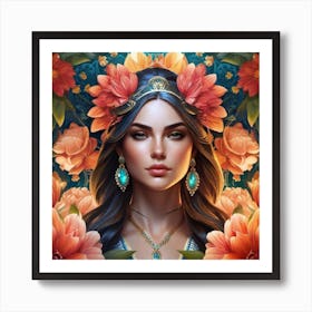 Woman With Flowers In Her Hair Art Print