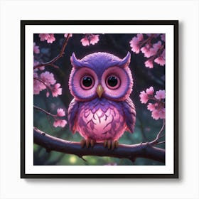 Pink Owl In Cherry Blossoms Art Print