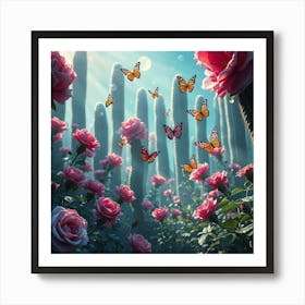 Pink Roses And Butterflies Art Print