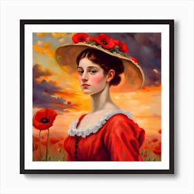 Woman in a field of poppies Flanders France Art Print