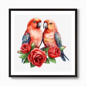 Couple Of Parrots With Roses 4 Art Print