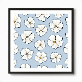 White Flowers On A Blue Background Art Print