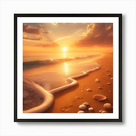 Golden Sunset Beach Wall Print Art A Tranquil Beach Scene With Gentle Waves And A Golden Sunset, Perfect For Bringing Warmth And Relaxation To Any Space Art Print
