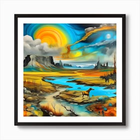 Painting of Yellowstone National Park with cosmic colors in style of Salvador Dali Art Print