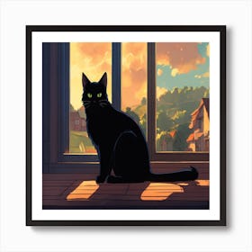 Black Cat In The Window Art Print