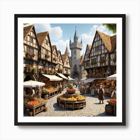 Medieval Market In A Sunlit Village Art Print