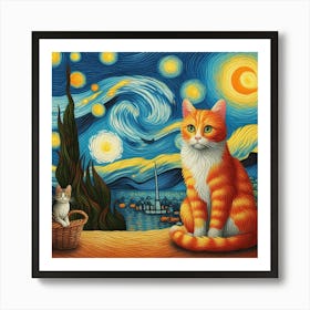 Starry Night With Cats Art Print