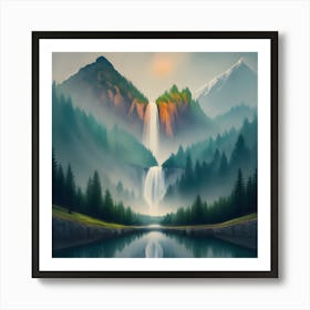 Waterfall In The Mountains Art Print