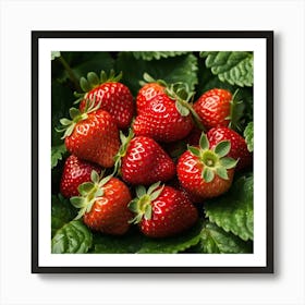 Red Strawberries On Green Leaves Art Print