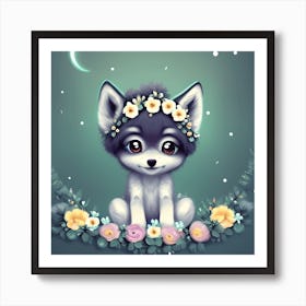 Cute Baby Wolf With Flower Crown Art Print