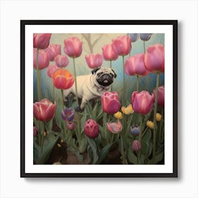 Pug In Pink Tulips Art Print