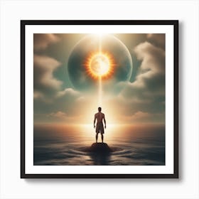 Human Standing Tall Holding A Sun And Moon And The Sea Water With His Body Power Art Print