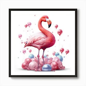 Pink Flamingo With Balloons Art Print