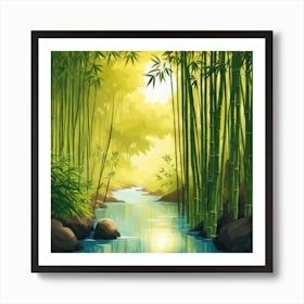 A Stream In A Bamboo Forest At Sun Rise Square Composition 246 Art Print