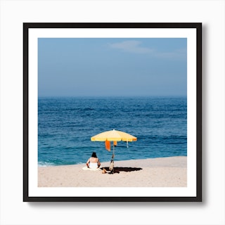 The Yellow Parasol The Blue Sea And The Summer Beach In Portugal Square Art Print