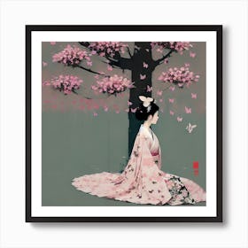 Geisha Under A Cherry Tree Art Print