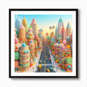 A city with buildings made of different, bright, colourful candies and looks like a wonderful candy land Art Print