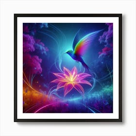 Create An Image High Definition Colorful Of A Hummingbird In A Neon Flower With An Ethereal Light The Landscape Is A Magical Forest Art Print