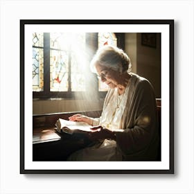 An Elderly Woman Of Faith Dressed In A White Cardigan Is Absorbed In Reading The Holy Bible Her H (5) Art Print