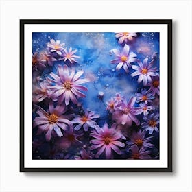 Purple Daisies On A Blue Background 1 Art Print