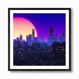 Cityscape At Night The Sun Night Music The City Background 80s, 80 S Synth Art Print