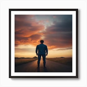 Man Standing On Road At Sunset Art Print