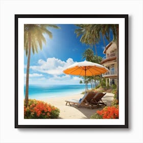 Beach House With Umbrella Art Print