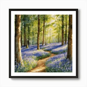 Bluebells In The Woods - Watercolor Sunlit Forest Path HD Gallery Wall Fine Art - Purple Blue May Day Beautiful Tranquil Peaceful Landscale Scenery Square Art Print