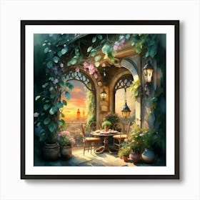 Quiet and attractive dining nook, overgrown flowers, high quality, detailed, highly 3D, elegant carved cart, 8 Art Print