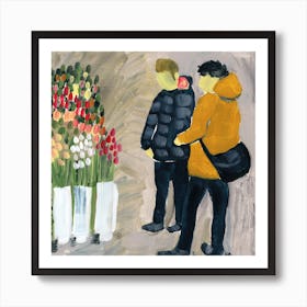 Tulips Buyers - painting square men person floral flower hand painted living room Art Print