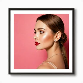 Firefly Elegance In Profile Woman With Brown Eyes And Red Lips On Rosé Background 80897 Art Print