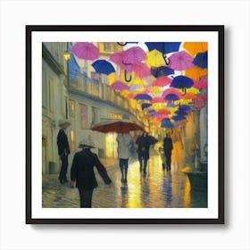 Umbrellas In The Rain Art Print