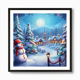 Christmas Village With Snowman Art Print