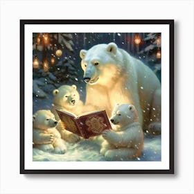 Mom Polar Bear Reading To Her Babies  Art Print
