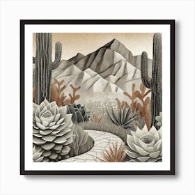 Firefly Modern Abstract Beautiful Lush Cactus And Succulent Garden Path In Neutral Muted Colors Of T (4) Art Print