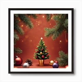 Christmas Tree On Red Background Art Print