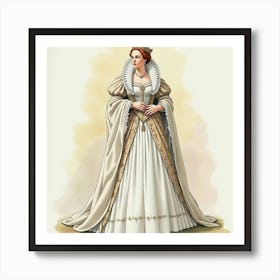 Watercolor Portrait Of Queen Elizabeth I, Detailed Attire, Majestic Pose 1 Art Print