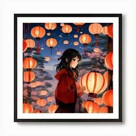 Japanese girl and paper lantern 1 Art Print
