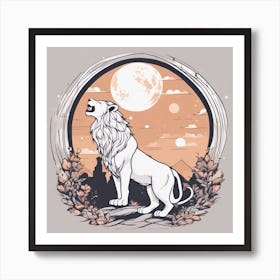 Sticker Art Design, Lion Howling To A Full Moon, Kawaii Illustration, White Background, Flat Colors, Art Print
