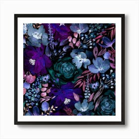 Floral Chaos Dark Blue Art Print