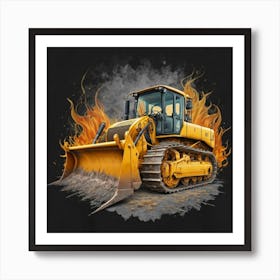 Yellow bulldozer surrounded by fiery flames 9 Art Print