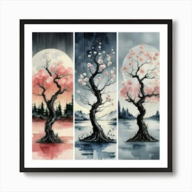 Three different palettes each containing cherries in spring, winter and fall 1 Art Print