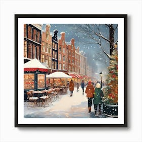 Amsterdam cafes, winter season, Christmas, pale colors, pedestrians in the street, winter clothes, falling snow.19 Art Print