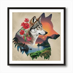 Wolf With Flowers 2 Art Print